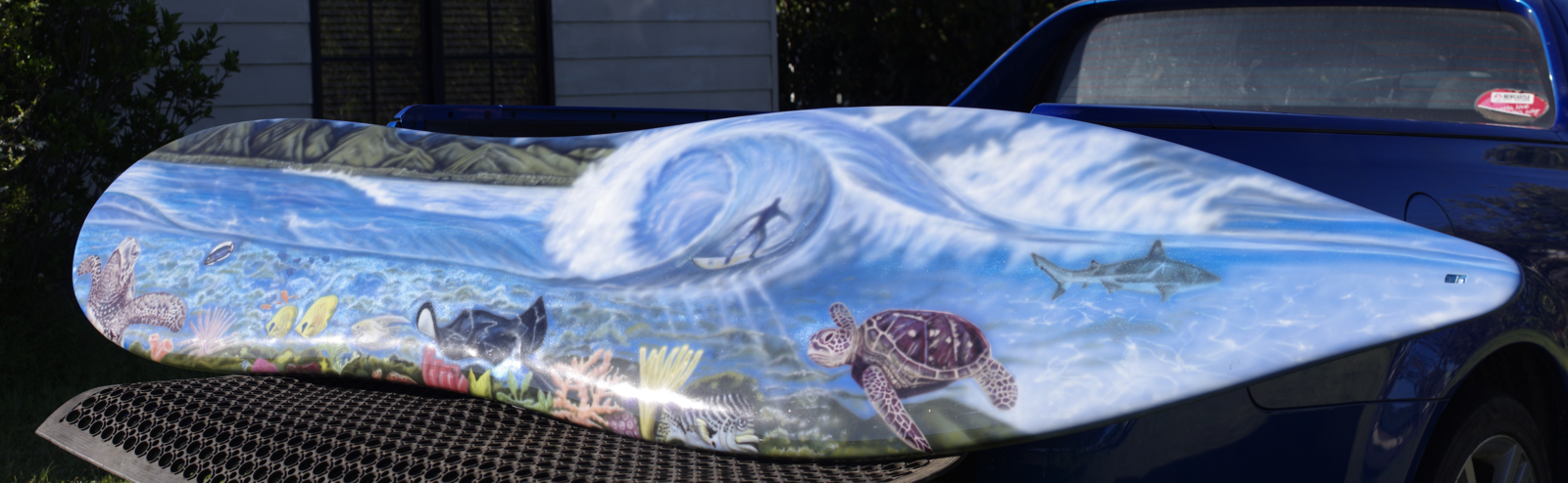 Custom airbrush painted long board surfboard