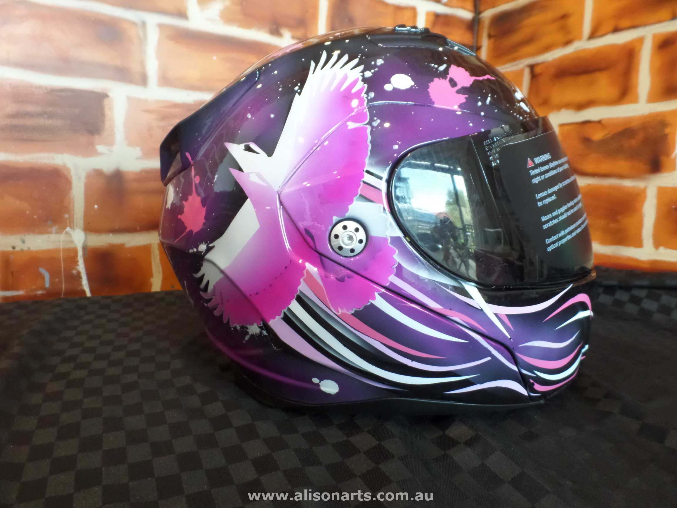 custom airbrushed bell helmet - pink kookaburra bird themed