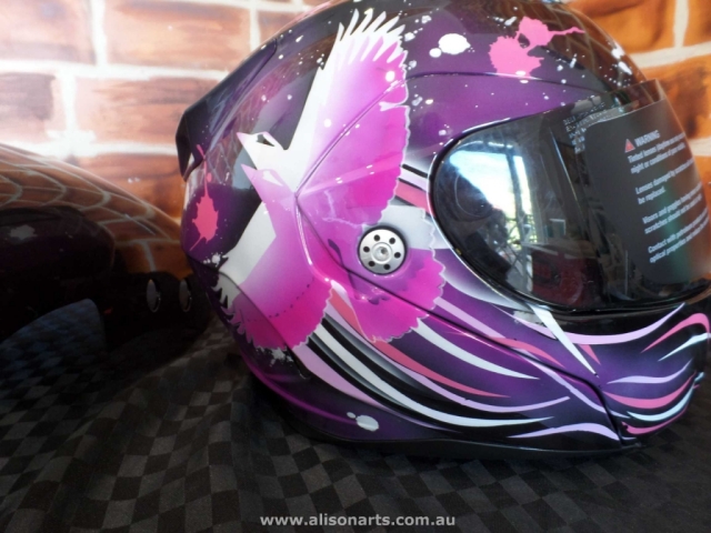 custom airbrushed bell helmet - pink purple kookaburra